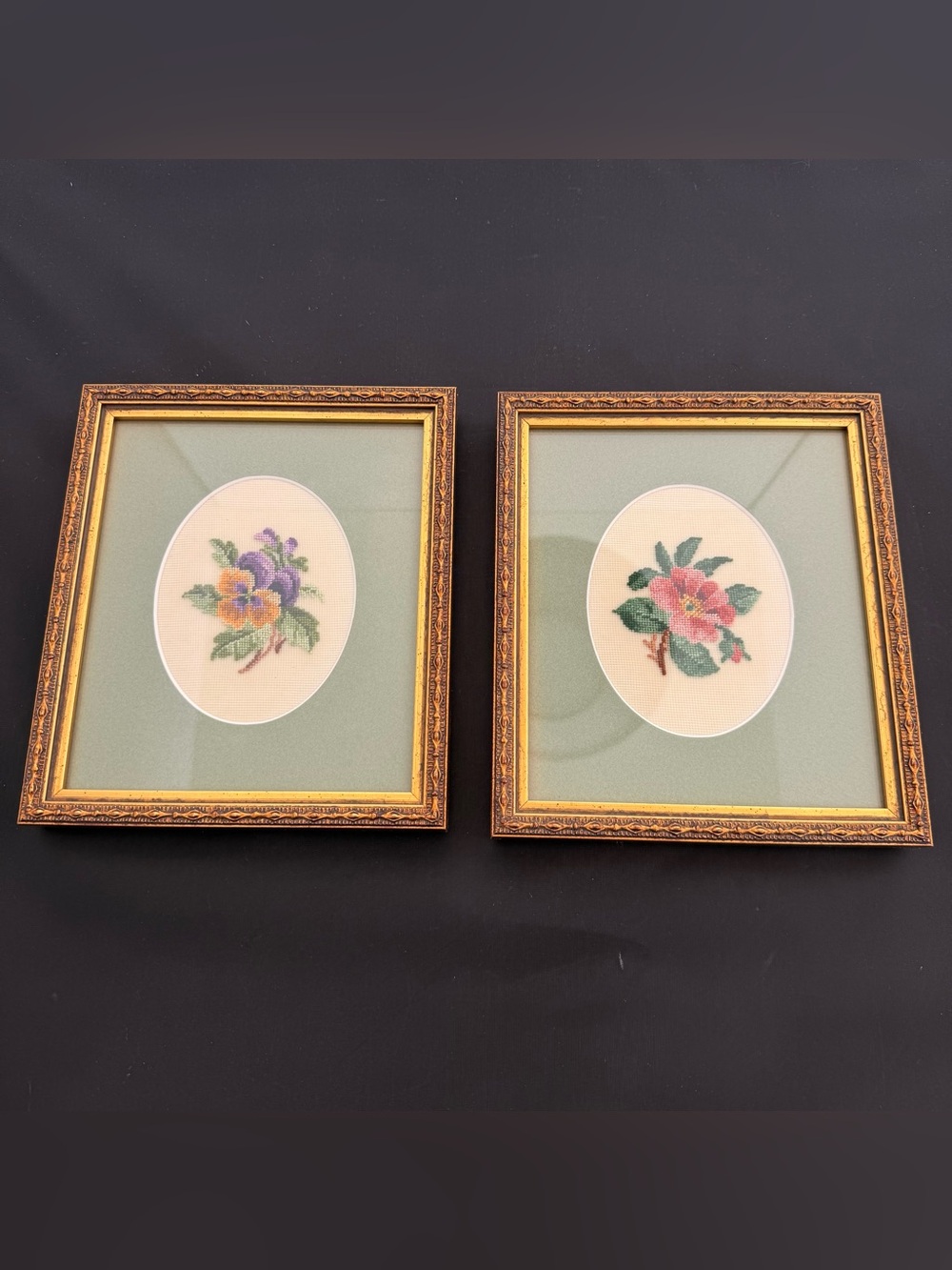 Set of 2 Vintage FRAMED NEEDLEPOINT Floral embroidery 7.5”x 6.5”